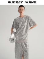 audreyyang Sparkling Sequin Casual Loose Fit Women Crew Neck Top & Skirt Sets