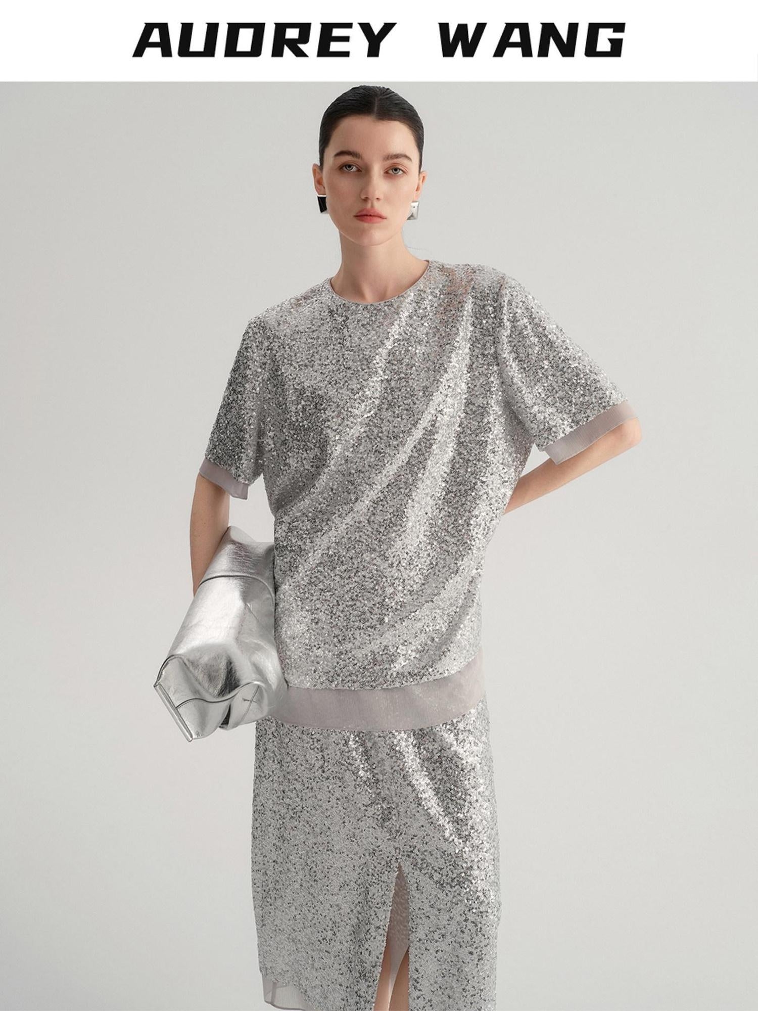 audreyyang Sparkling Sequin Casual Loose Fit Women Crew Neck Top & Skirt Sets