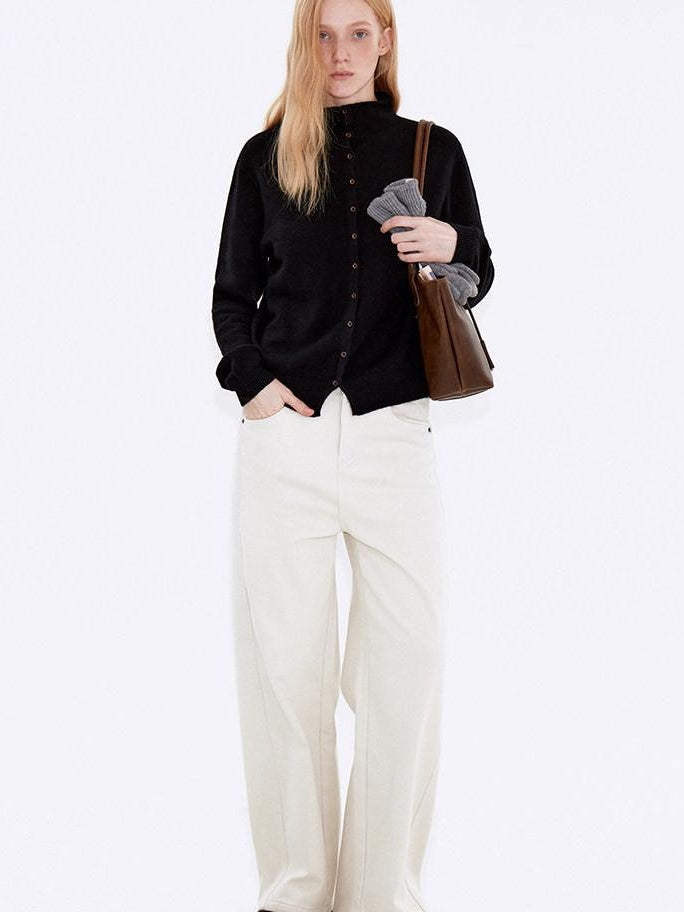 fano Wool Cashmere Blend Warm High Neck Loose Fit Women Button Solid Cardigans