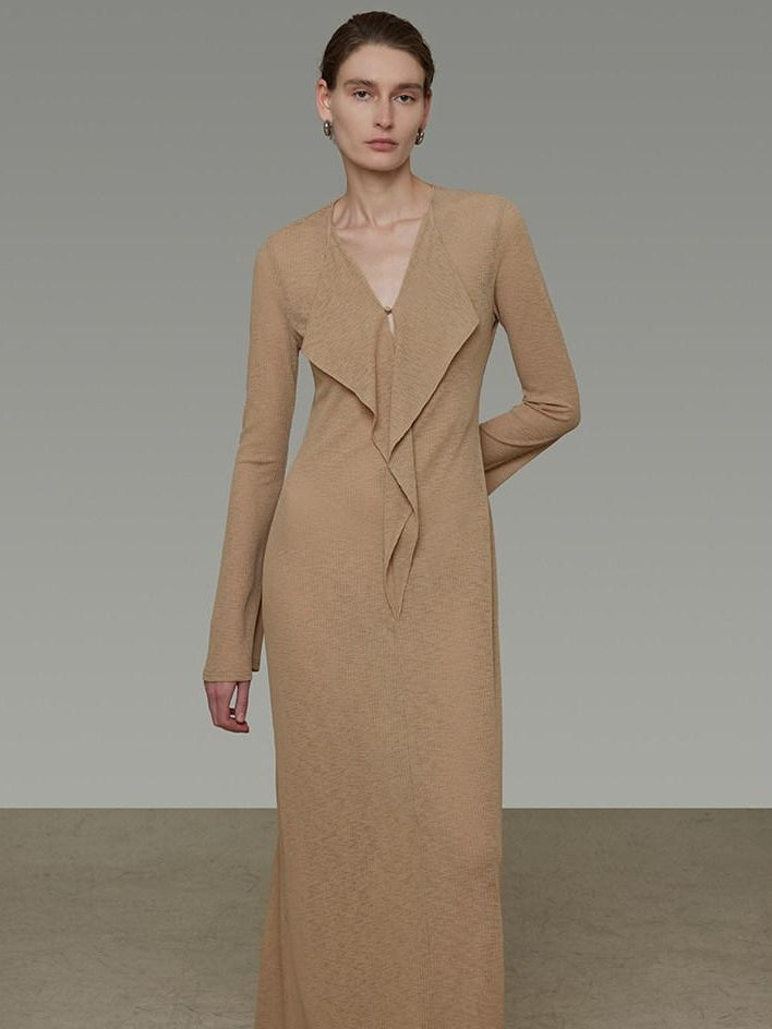 unspoken Breathable High Waist Sash V-neck Aline Longsleeve Office Polyester Maxi Dresses