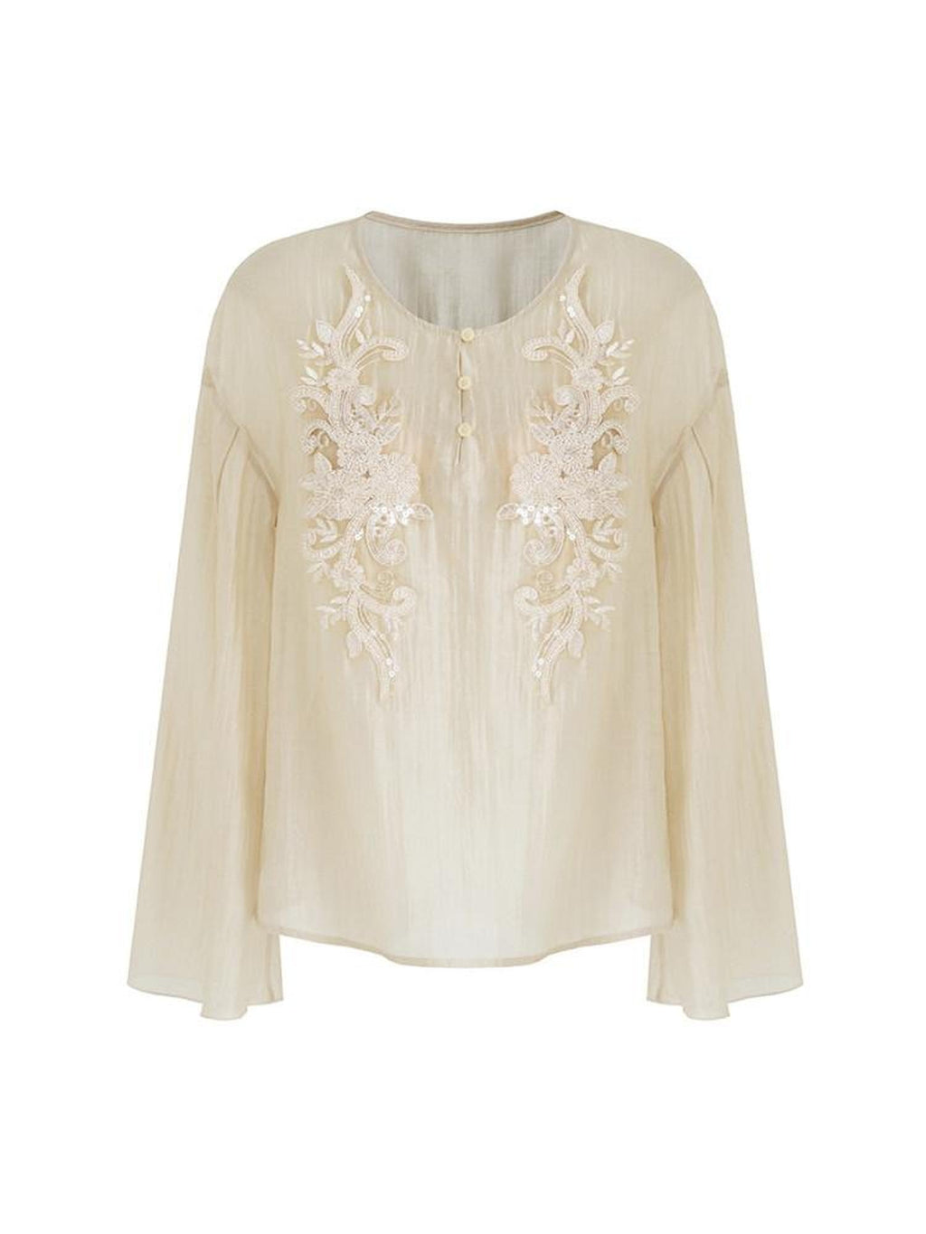 unspoken Breathable Lyocell Embroidered Vintage Loose Round Neck Women Almond Blouses