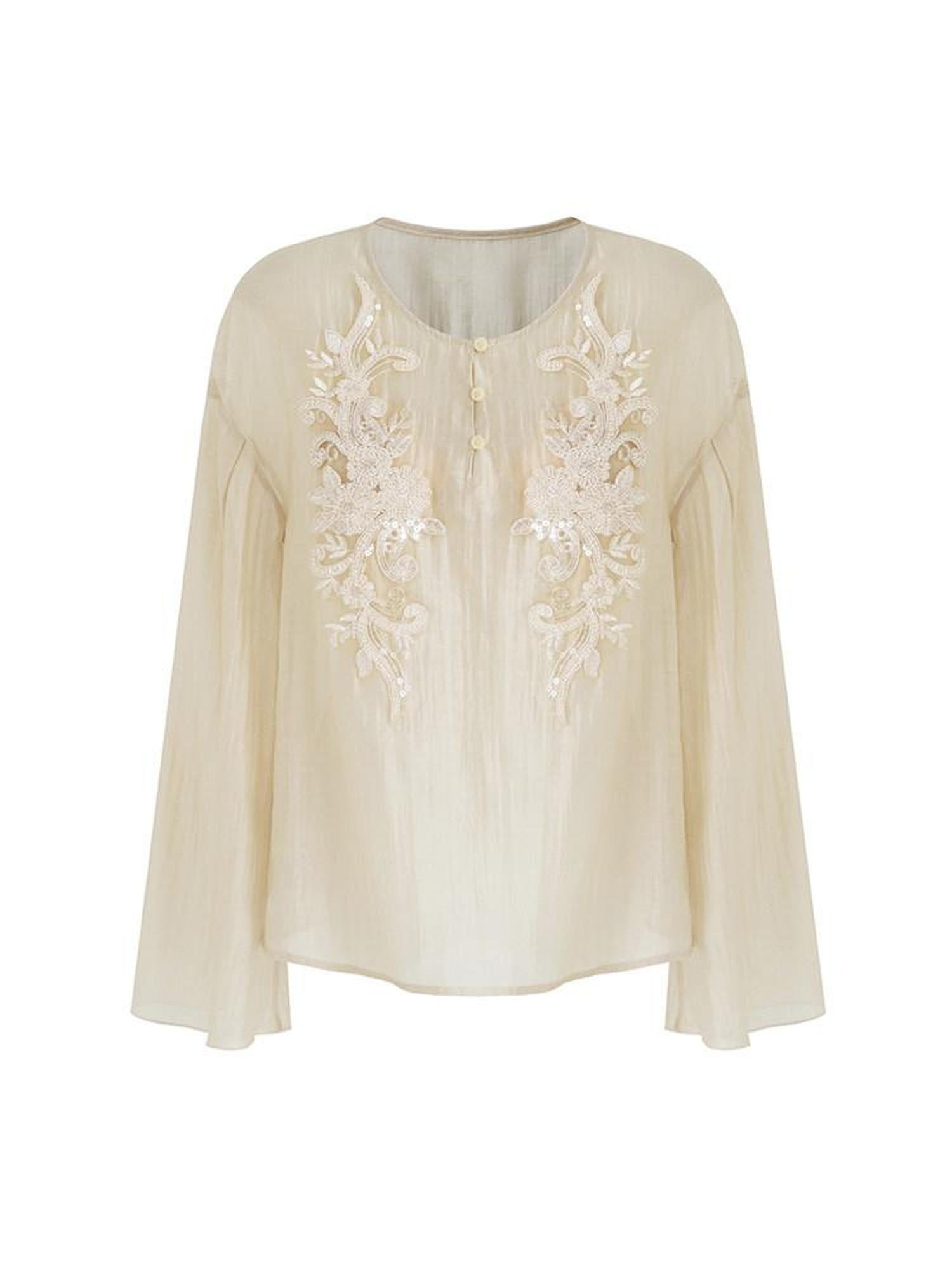 unspoken Breathable Lyocell Embroidered Vintage Loose Round Neck Women Almond Blouses