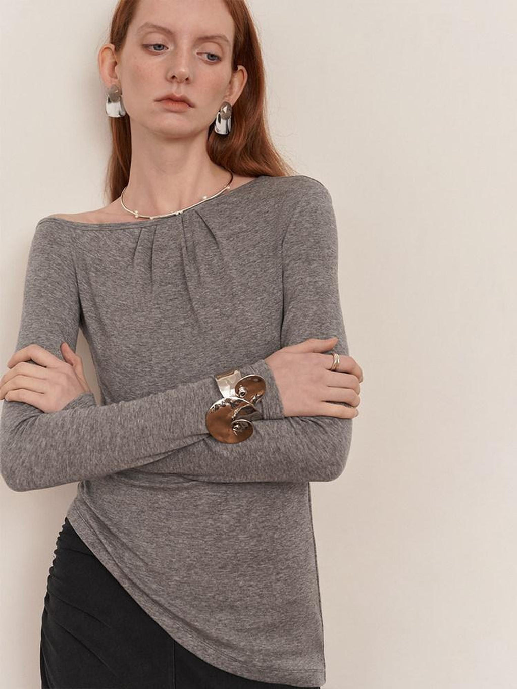 someone sometimes Lyocell Wool Blend Lightweight Asymmetric Neck Slim Casual Long Sleeve T-Shirts