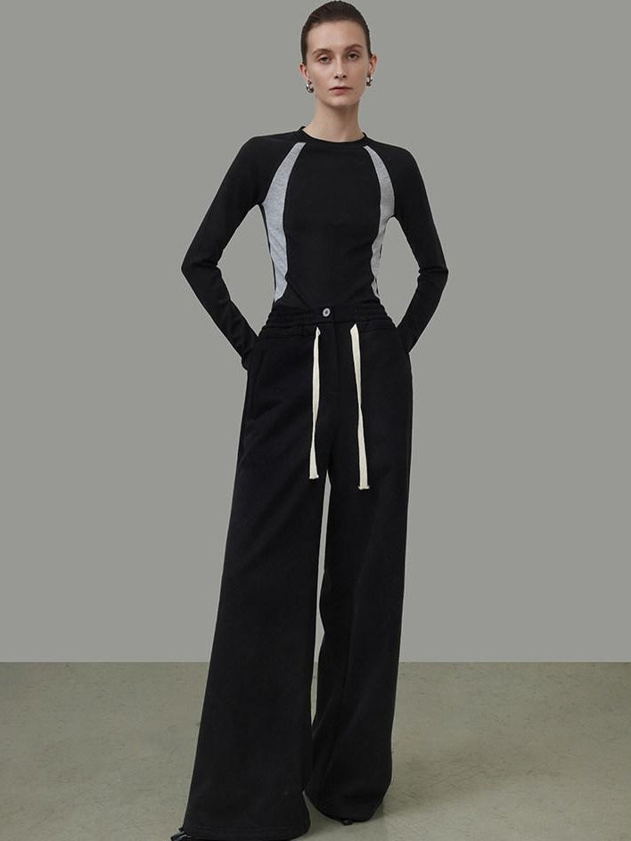 unspoken High Waist Drawstring Pockets Minimalist Workwear For Women Black Wide Leg Pants