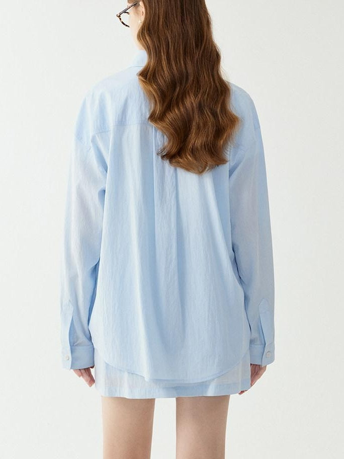 fano Breathable Lyocell Korean Oversized Collared Long Sleeve Women Blue Shirts
