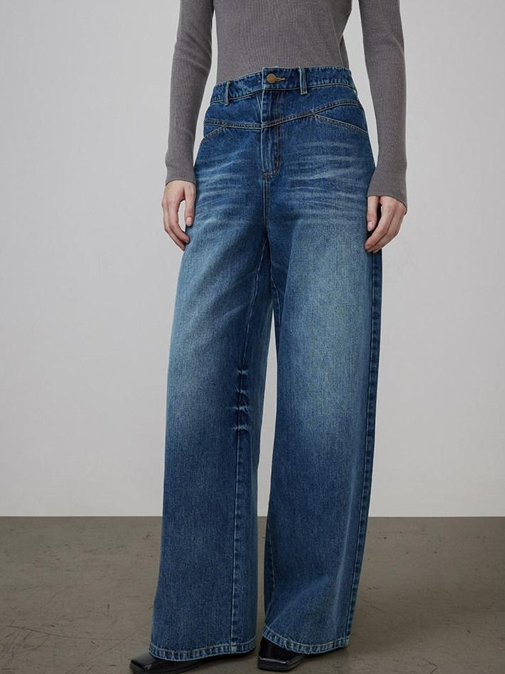 unspoken High Waist Washed Durable Denim Blue Loose Versatile Cotton Wide Leg Jeans