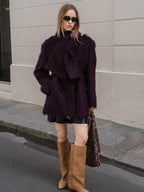 audreyyang Thick Mohair Blend Commuter V-neck For Women Solid Mustard And Grape Wool Coats