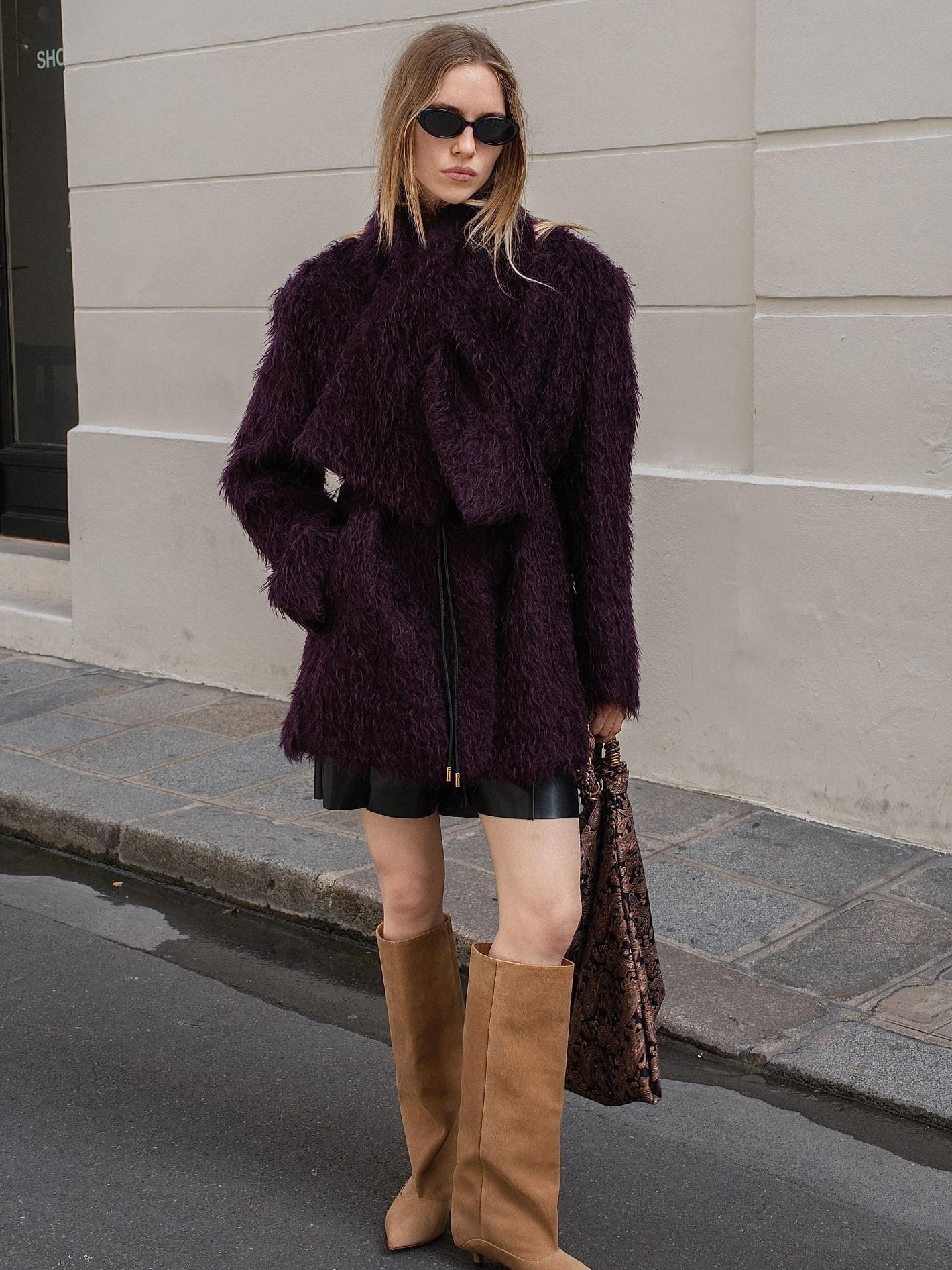 audreyyang Thick Mohair Blend Commuter V-neck For Women Solid Mustard And Grape Wool Coats