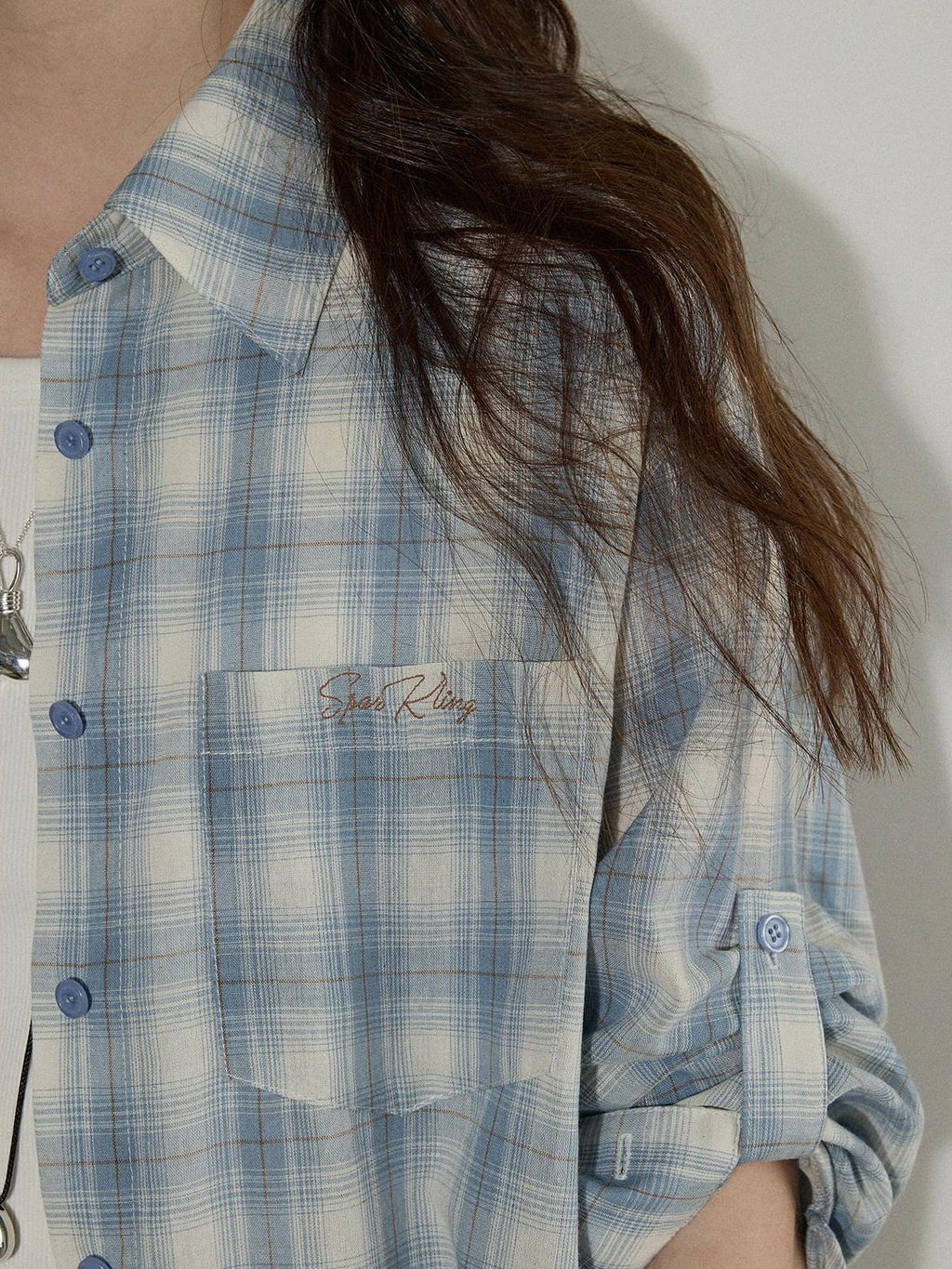 Lofi choose Pure Cotton Colorblock Plaid Embroidered Loose Commuter Office Women Shirts