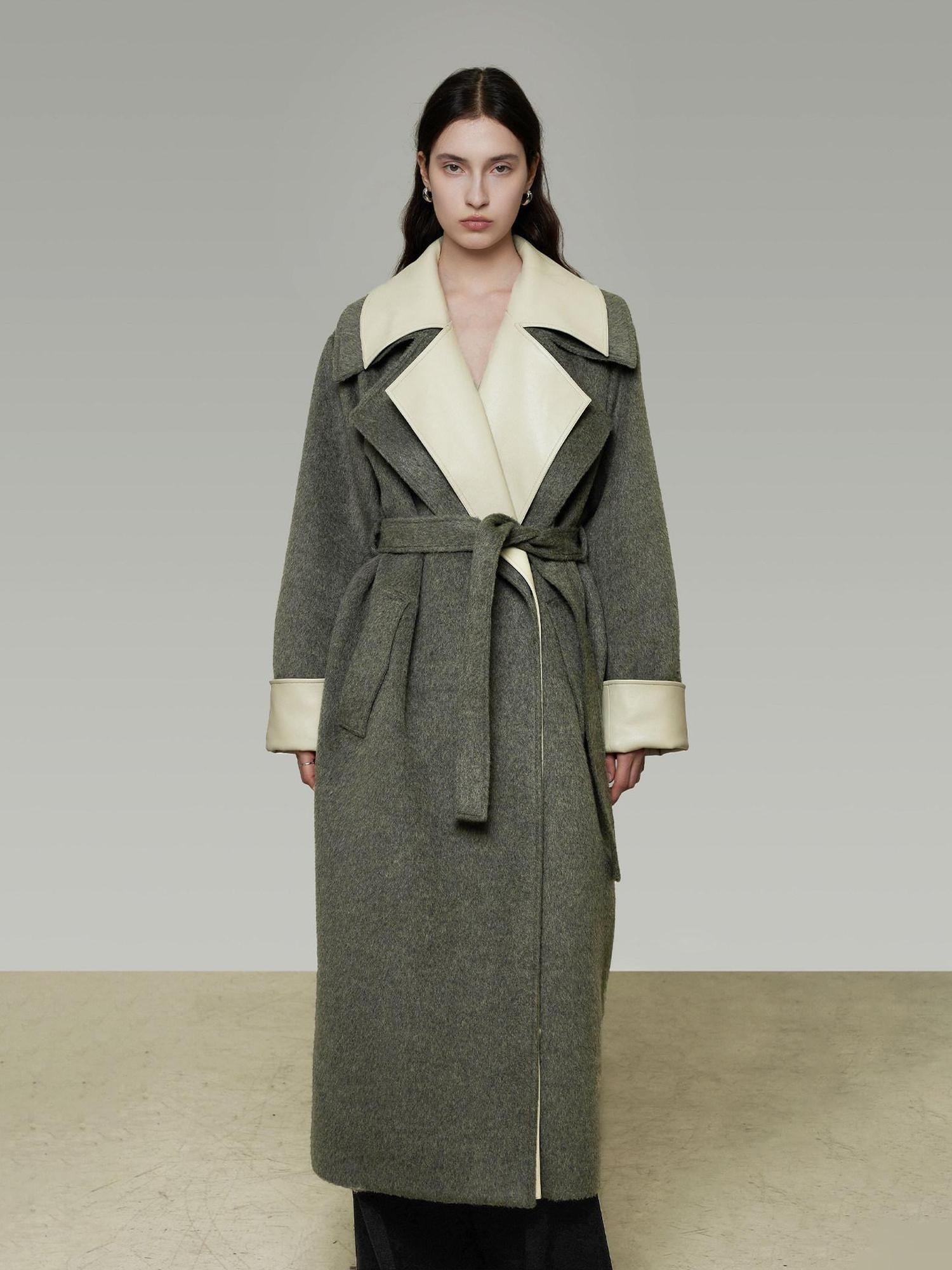 unspoken Minimal Commuter Oversized Long Notch Collar Olive Green Wool Blend Wool Coats