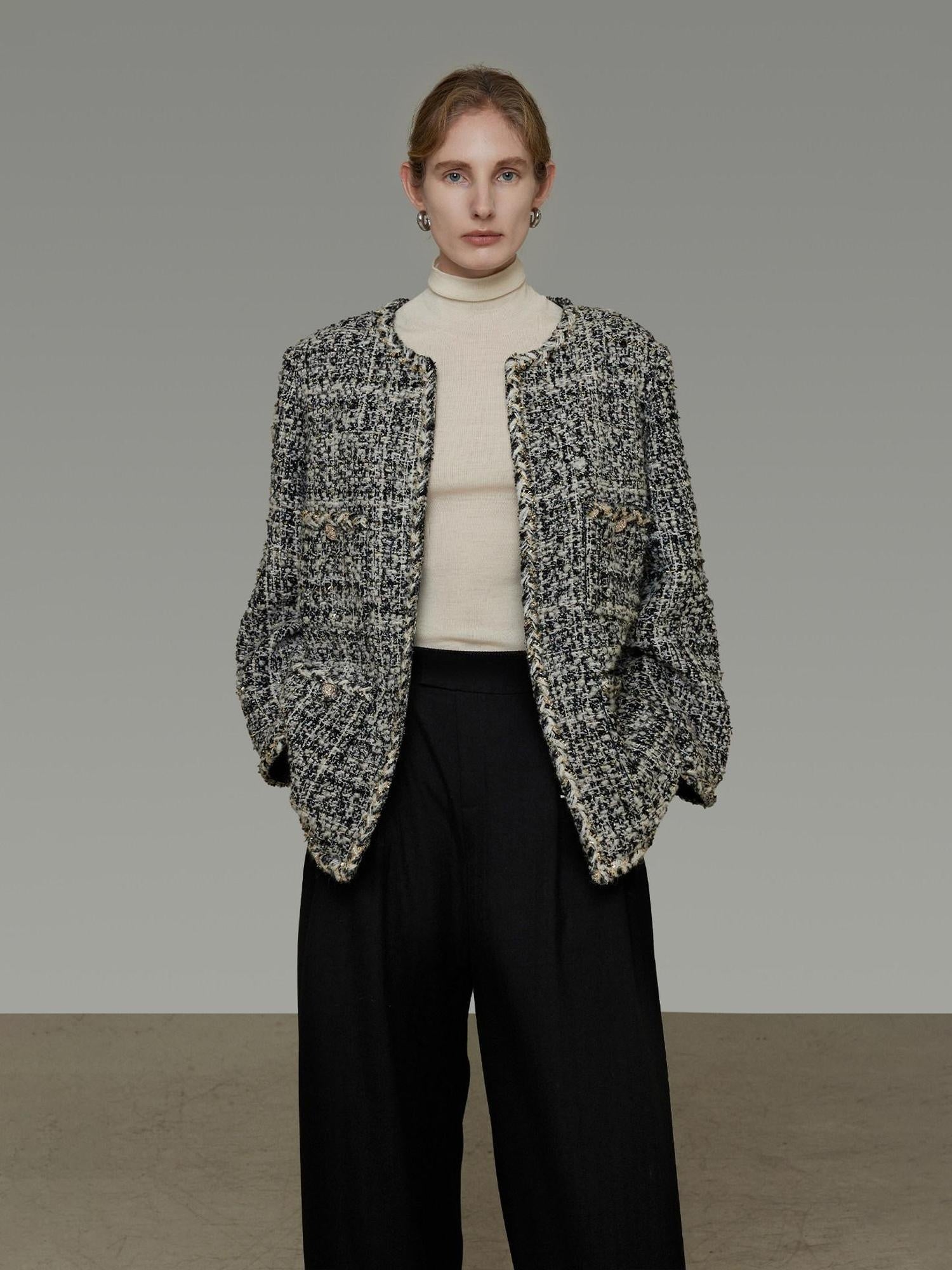 unspoken Warm Wool Blend Houndstooth Loose Fit Simple Commuter Black White Short Coat