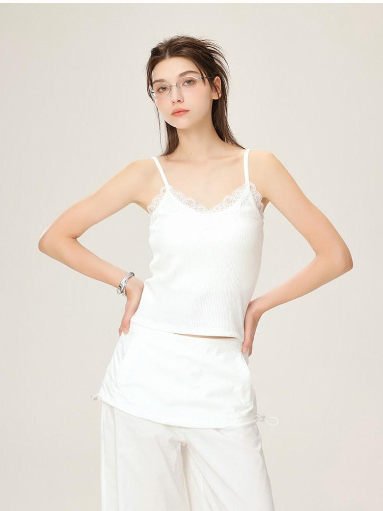 ikyou Lace Trim Slim Fit Spaghetti Strap Office Daily Stretch White Camisoles