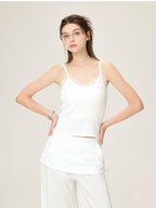 ikyou Lace Trim Slim Fit Spaghetti Strap Office Daily Stretch White Camisoles