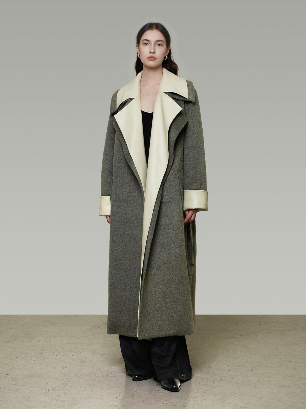 unspoken Minimal Commuter Oversized Long Notch Collar Olive Green Wool Blend Wool Coats