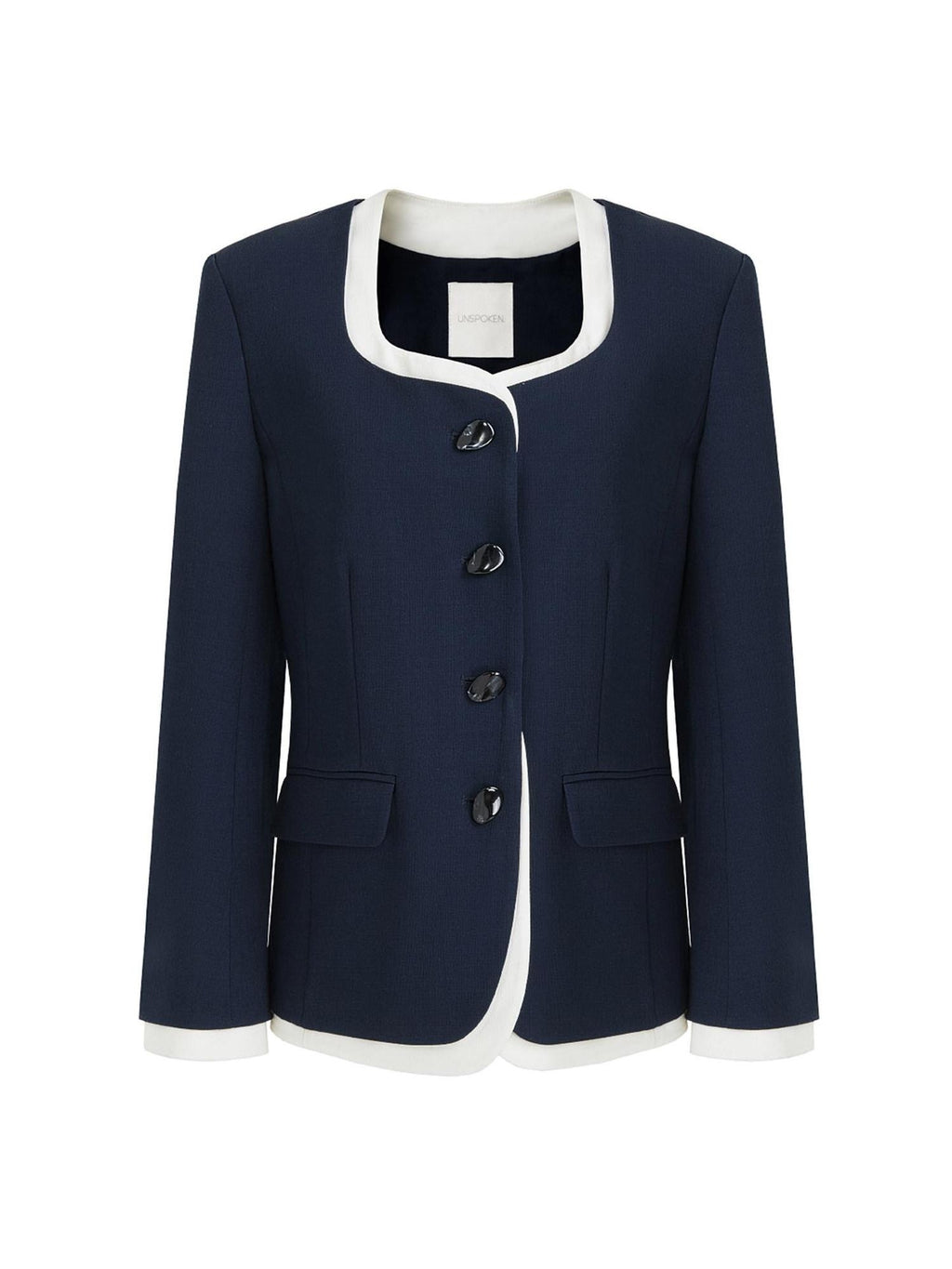 unspoken Durable Shape Loose Office Button Flap Pocket Women Navy Cropped Jackets