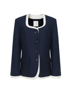 unspoken Durable Shape Loose Office Button Flap Pocket Women Navy Cropped Jackets