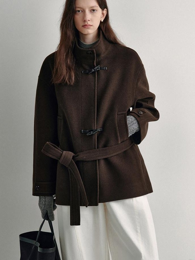 fano Minimal Commuter Straight Midlength Stand Collar Pocket Toggle Women Short Coat