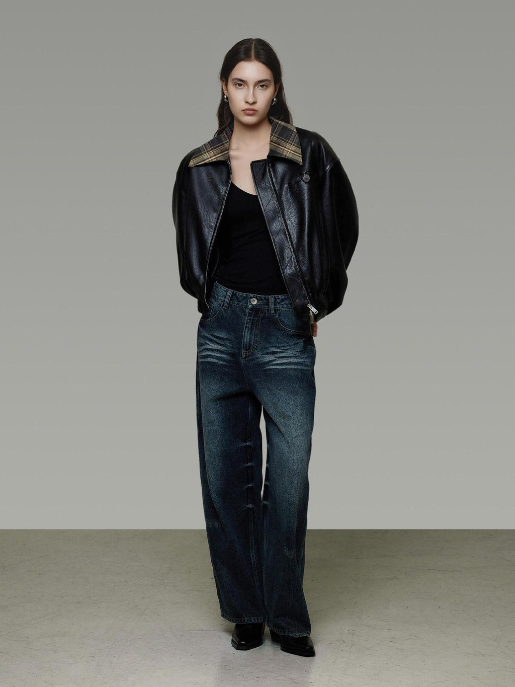 unspoken Commuter Loose Cropped Colorblock Patchwork Lapel Zipper Leather Jackets