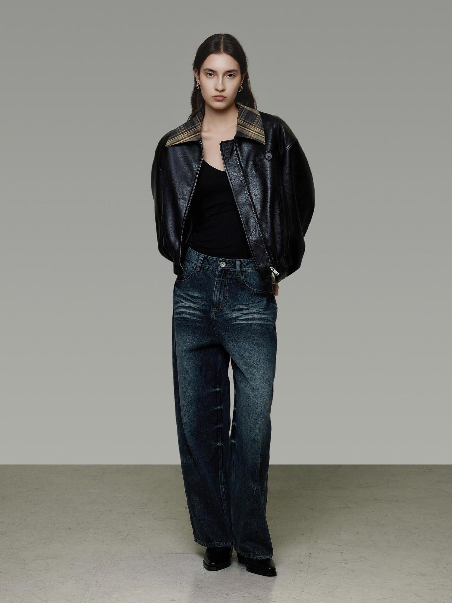 unspoken Commuter Loose Cropped Colorblock Patchwork Lapel Zipper Leather Jackets