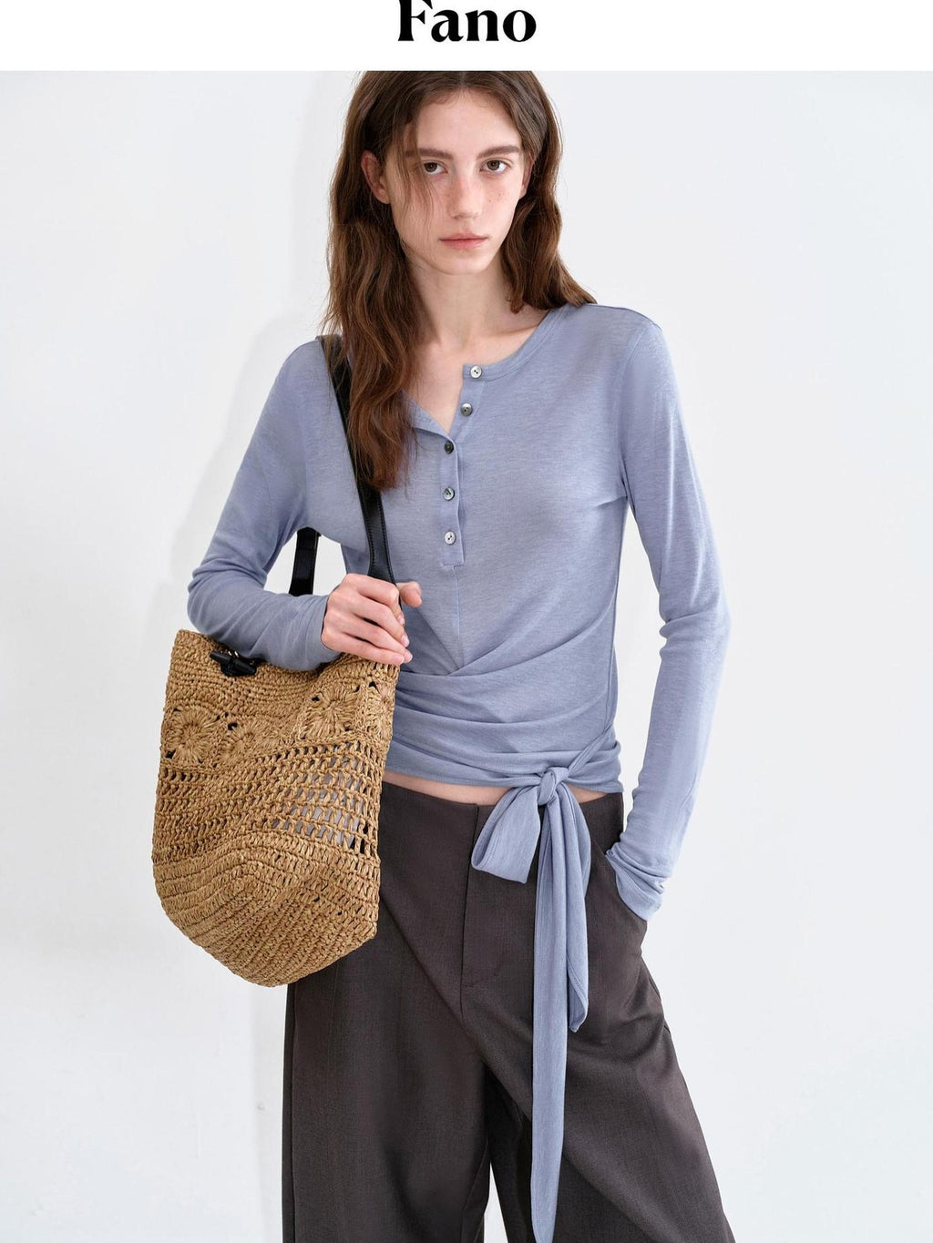 fano Soft Lyocell Blend Slim Fit Office Tee For Women Haze Blue Long Sleeve T-Shirts