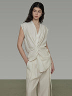 unspoken Breathable Linen Blend Sleeveless V-neck Tie Front Loose Fit Work White Blouses