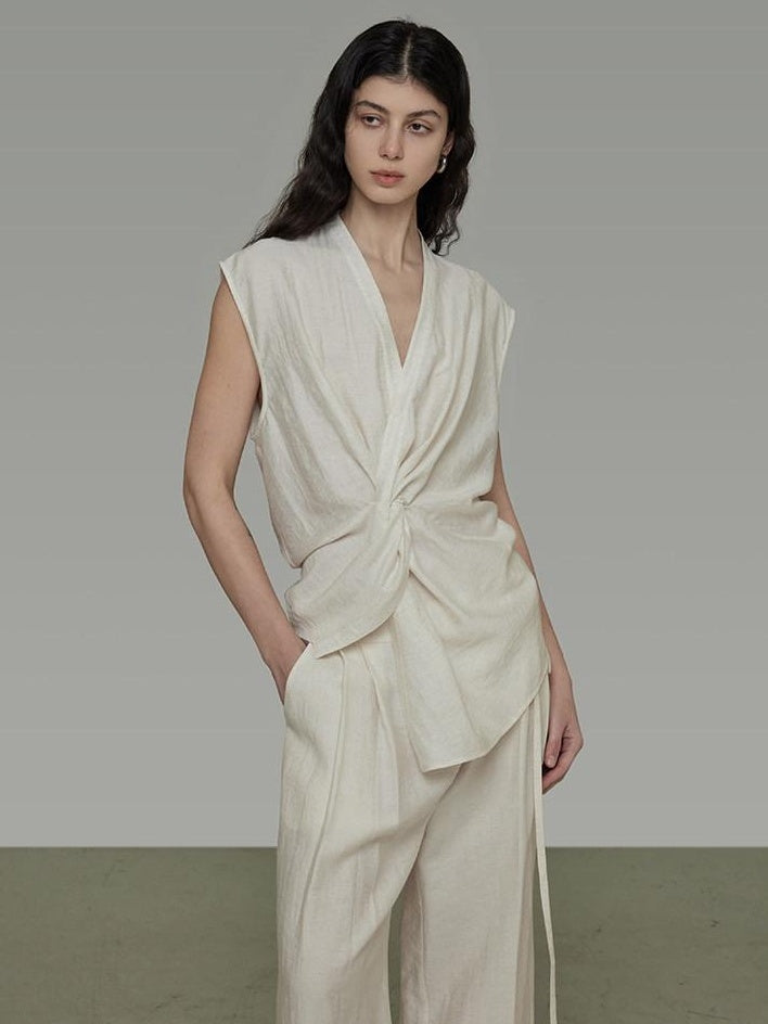 unspoken Breathable Linen Blend Sleeveless V-neck Tie Front Loose Fit Work White Blouses