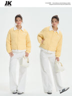 ikyou Thick Embroidered Patchwork Minimal Straight Crop Polo Yellow Puffer Jackets