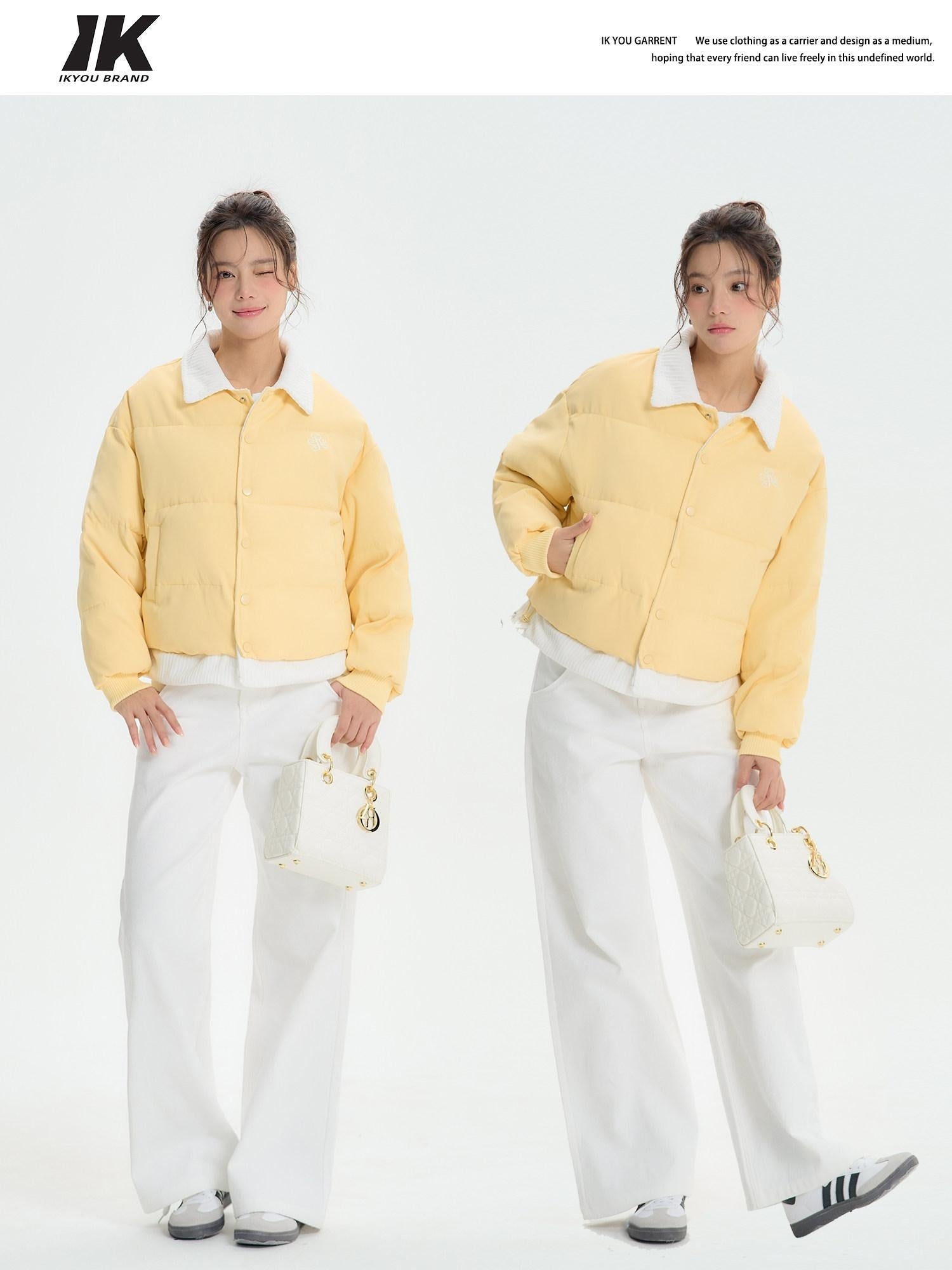 ikyou Thick Embroidered Patchwork Minimal Straight Crop Polo Yellow Puffer Jackets