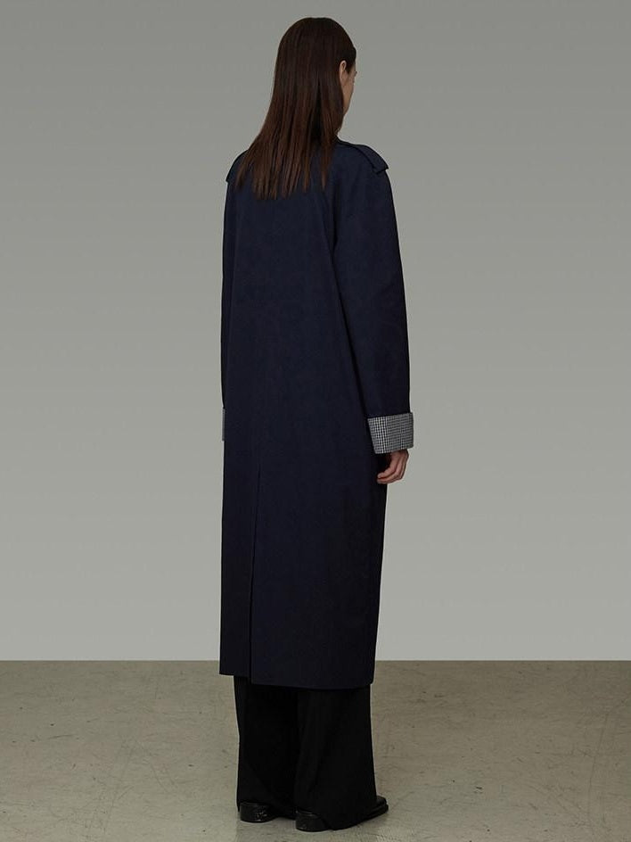 unspoken Minimal Navy Plaid Single Breasted Midlength Relaxed Women Trench Coats