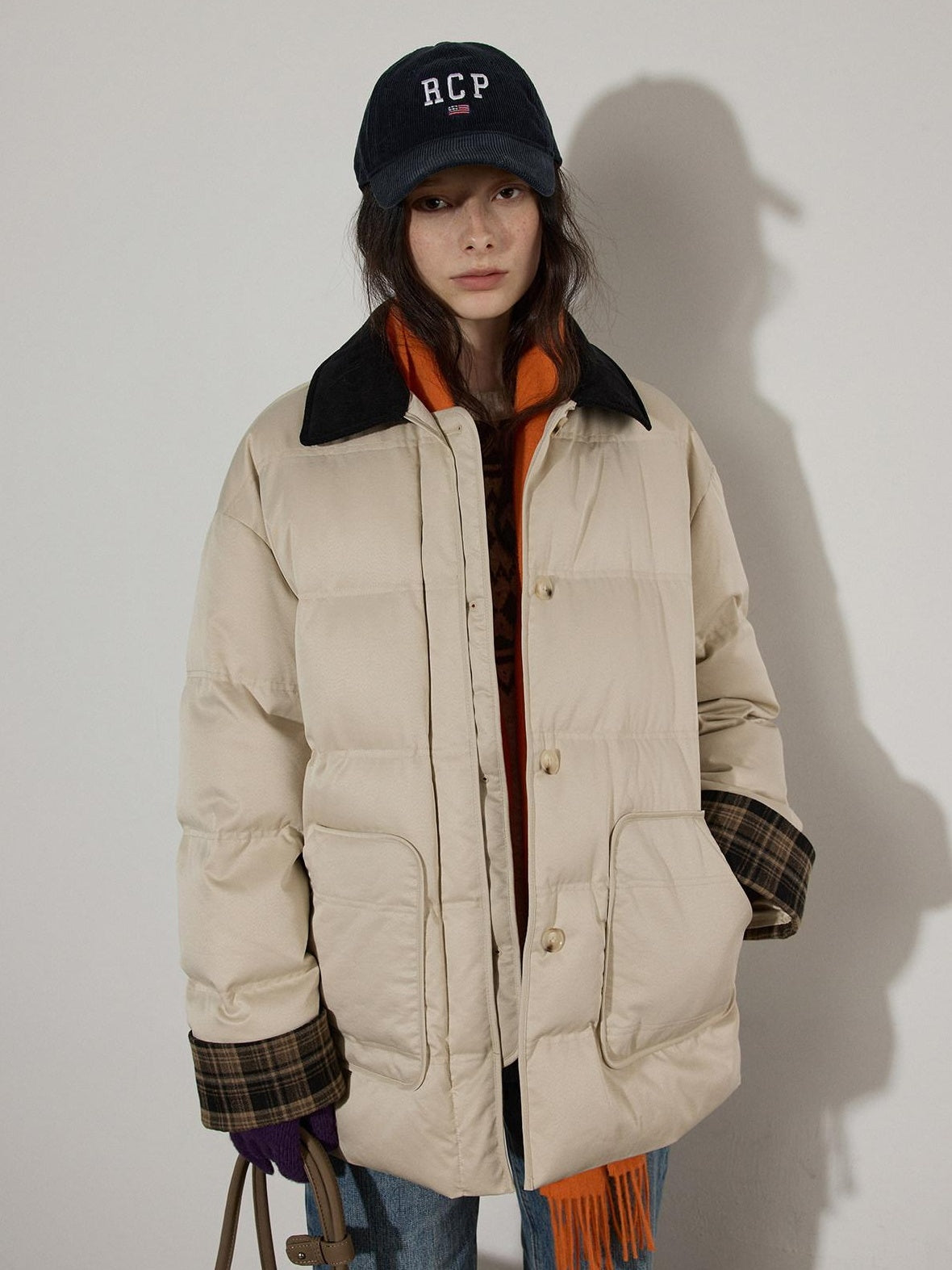 Lofi choose 90 Percent White Duck Down Apricot Colorblock Loose Fit Commuter Down Jackets