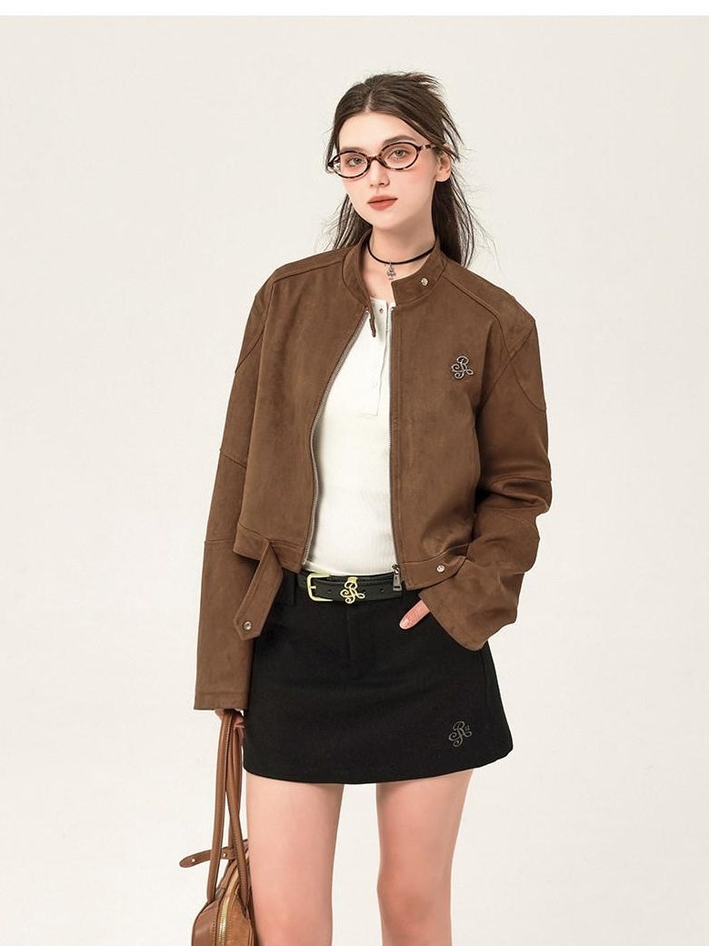 ikyou Resin Colorfast Vintage Boxy 3D Decor Zip Stand Collar Brown Cropped Jackets