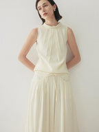someone sometimes Original Slim Tie Detail Stand Collar Sleeveless Cream Pullover Top & Skirt Sets