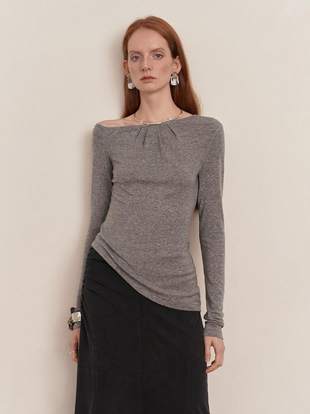 someone sometimes Lyocell Wool Blend Lightweight Asymmetric Neck Slim Casual Long Sleeve T-Shirts