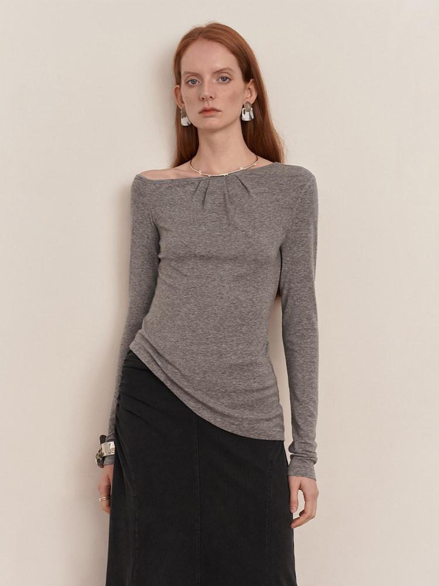 someone sometimes Lyocell Wool Blend Lightweight Asymmetric Neck Slim Casual Long Sleeve T-Shirts