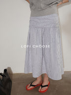 Lofi choose High Waist Cotton Comfort Pleated Loose Fit Office Women Blue Stripe Midi Skirts