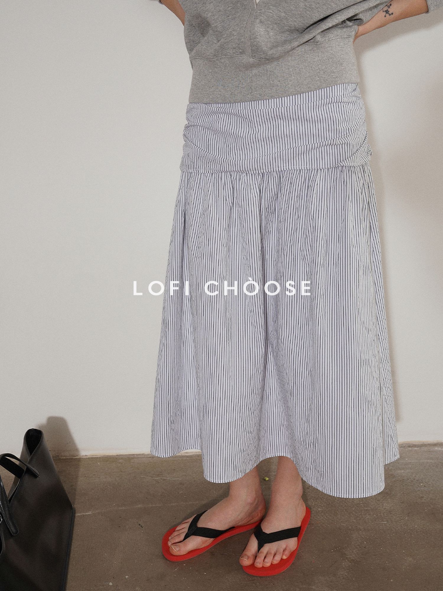 Lofi choose High Waist Cotton Comfort Pleated Loose Fit Office Women Blue Stripe Midi Skirts