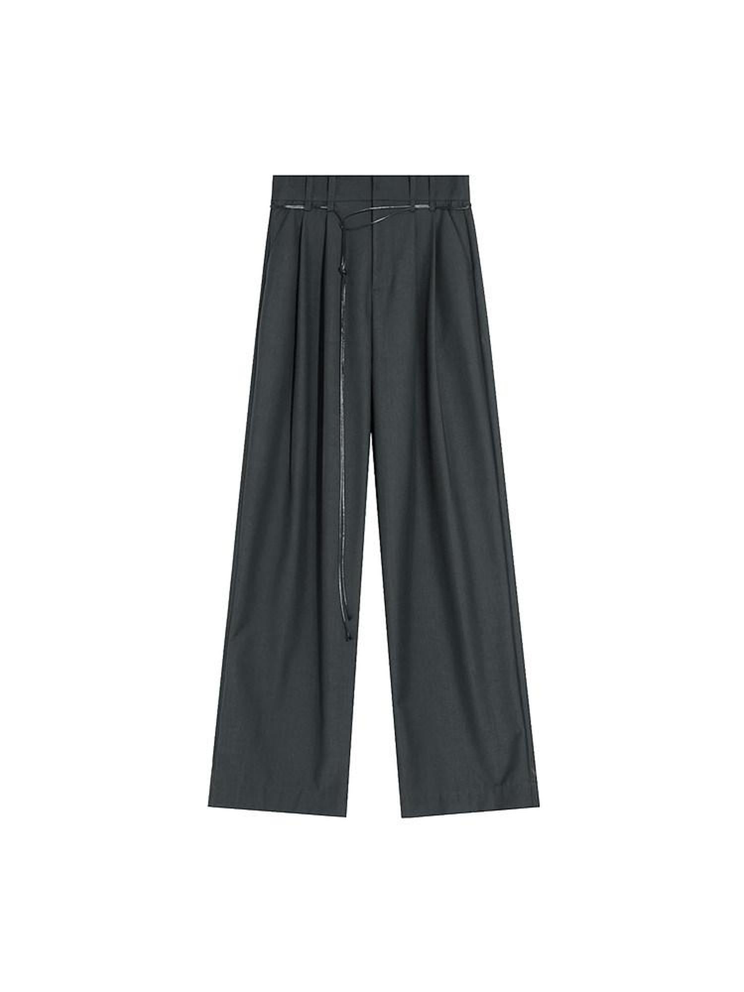 unspoken Breathable Minimal Commuter Belted Natural Waist Women Dark Gray Wide Leg Pants