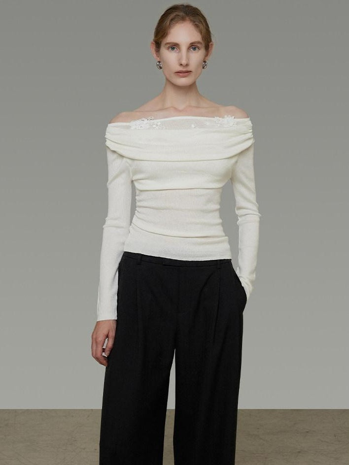 unspoken Soft Breathable Knit One Shoulder Slim Fit Office White Long Sleeve Blouses
