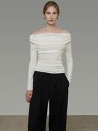 unspoken Soft Breathable Knit One Shoulder Slim Fit Office White Long Sleeve Blouses