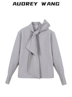 audreyyang Wrinkle Resistant Office Loose Tie Neck Bow Print Women Polyester Blouses