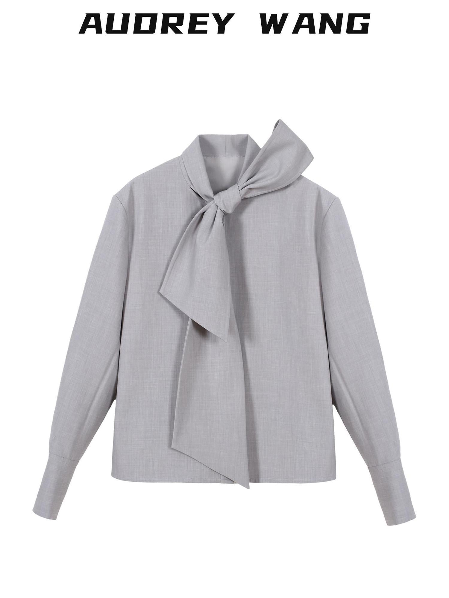 audreyyang Wrinkle Resistant Office Loose Tie Neck Bow Print Women Polyester Blouses