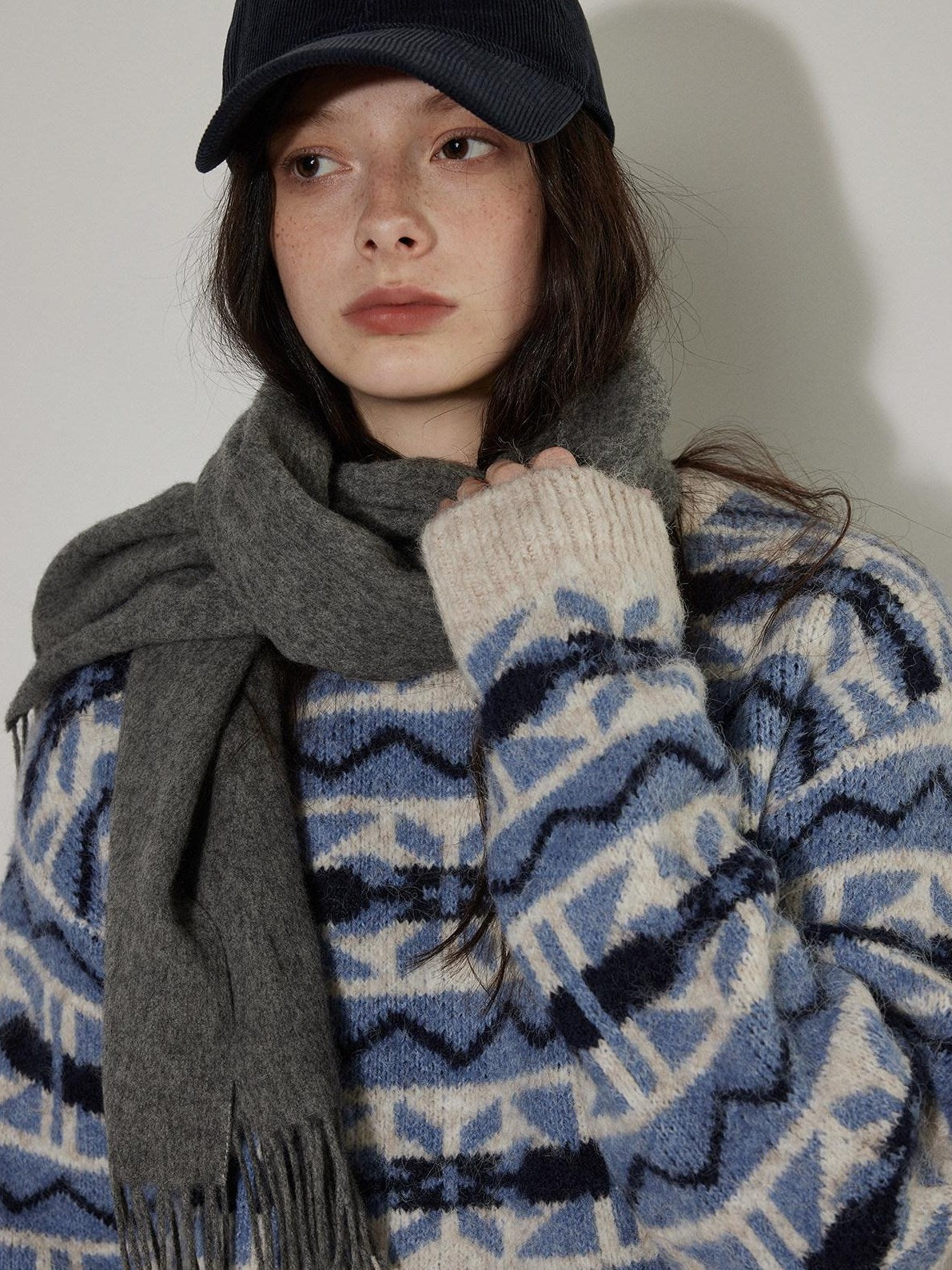 Lofi choose Thick Wool Blend Pullover Relaxed Fit Office Ready Crew Neck Blue Knitwear