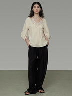 unspoken Durable 100% Cotton Original Relaxed Round Neck Women Beige Solid Blouses