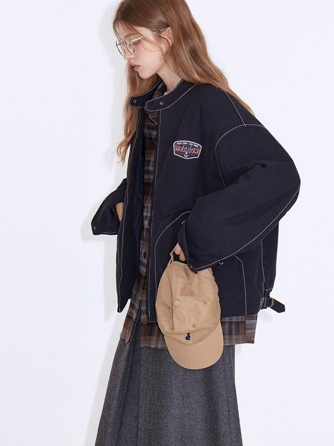 fano Insulated Loose Fit Korean Commuter Stand Collar Zip Front Navy Puffer Jackets
