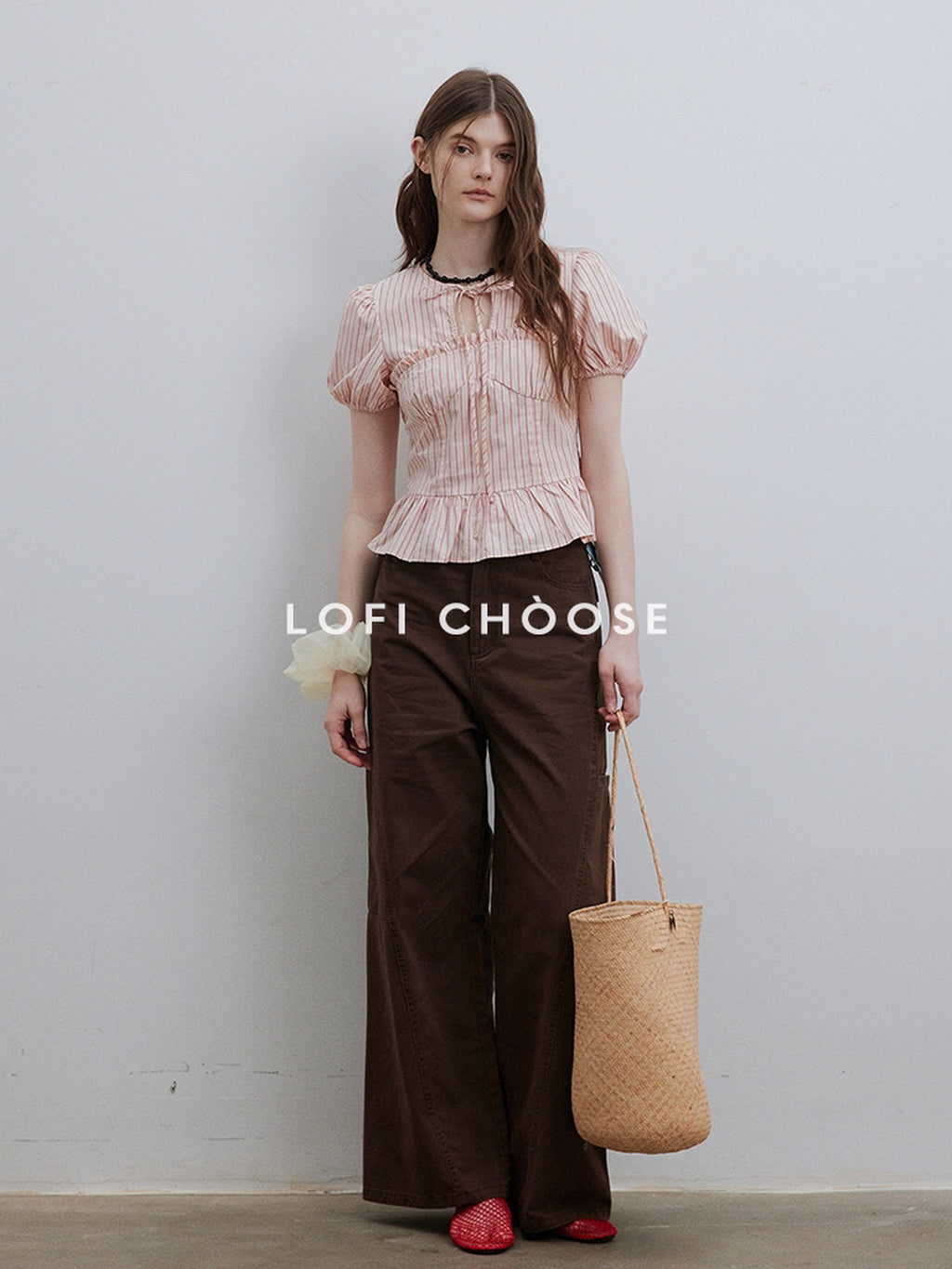 Lofi choose Puff Sleeve Tie Neck Loose Fit Office Workwear Short Sleeve White Pink Blouses