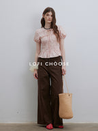 Lofi choose Puff Sleeve Tie Neck Loose Fit Office Workwear Short Sleeve White Pink Blouses