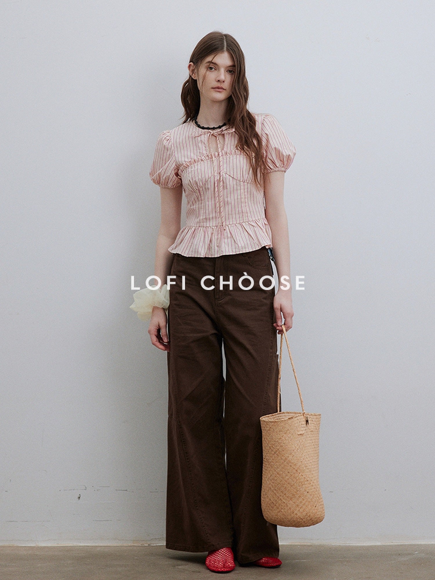 Lofi choose Puff Sleeve Tie Neck Loose Fit Office Workwear Short Sleeve White Pink Blouses