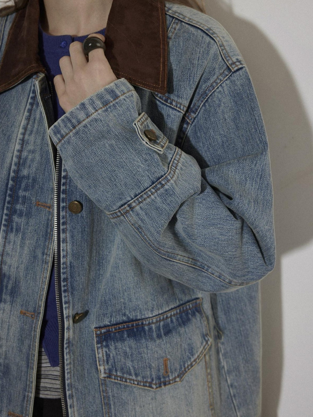 Lofi choose Cotton Colorblock Loose Fit Women Button Midlength Blue Denim Jackets