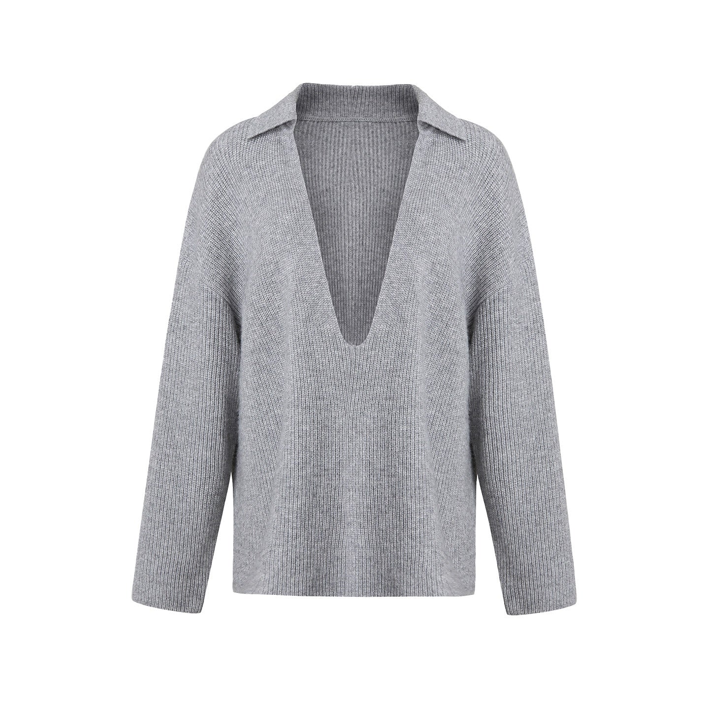 fano_Light_Heather_Gray_V-neck_Knit_Loose_Casual_Women_Top_&_Shorts_Sets_MISSTT