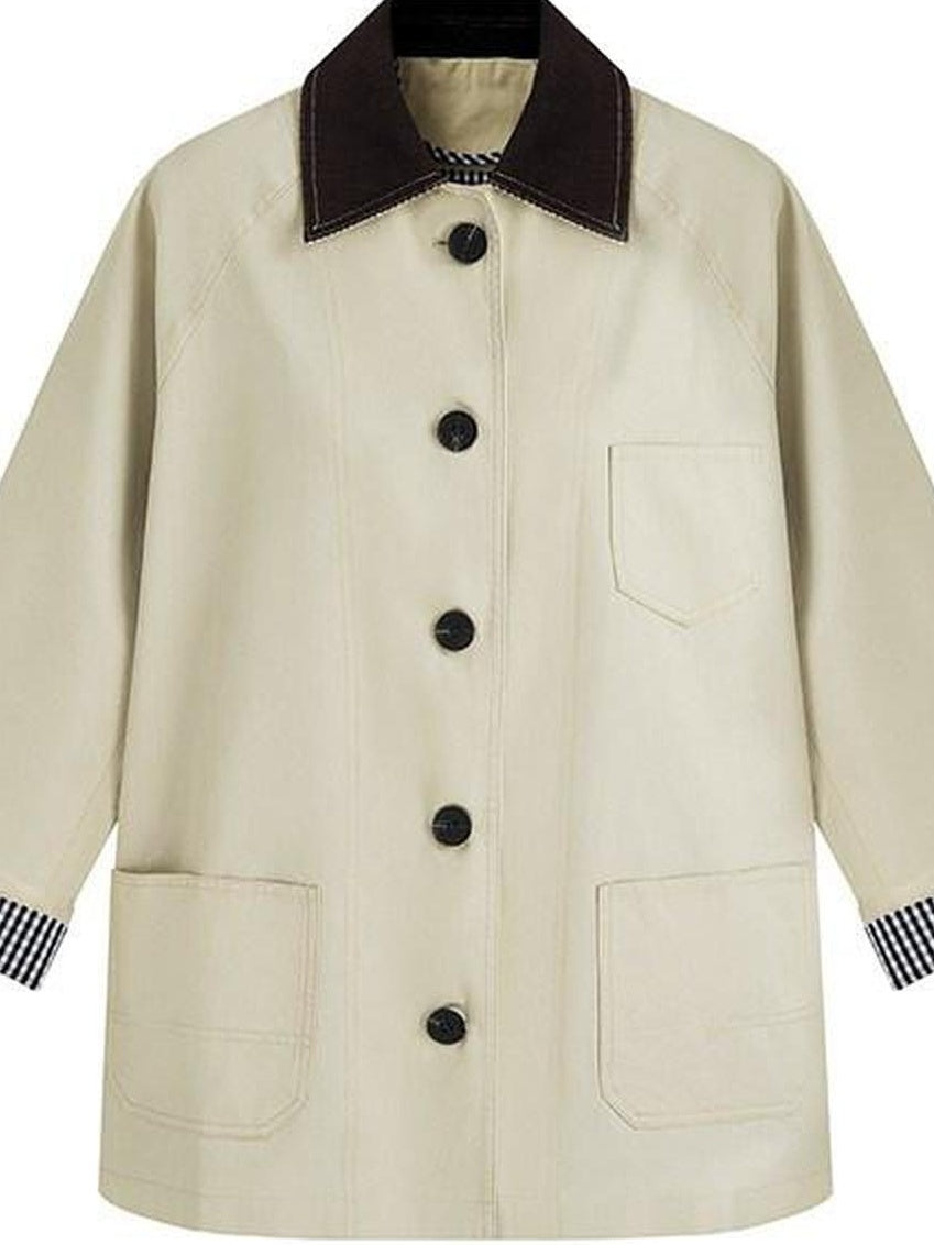 fano Cotton Lined Single Breasted Korean Commuter Short Women Beige Trench Coats
